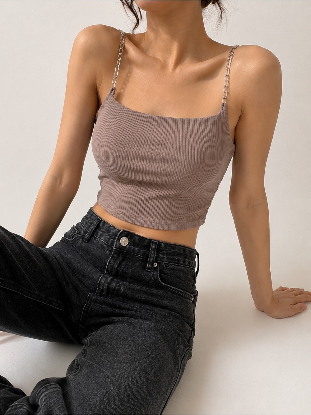 Garage Ribbed Chain Strap Crop Top – Taupe Beige XS